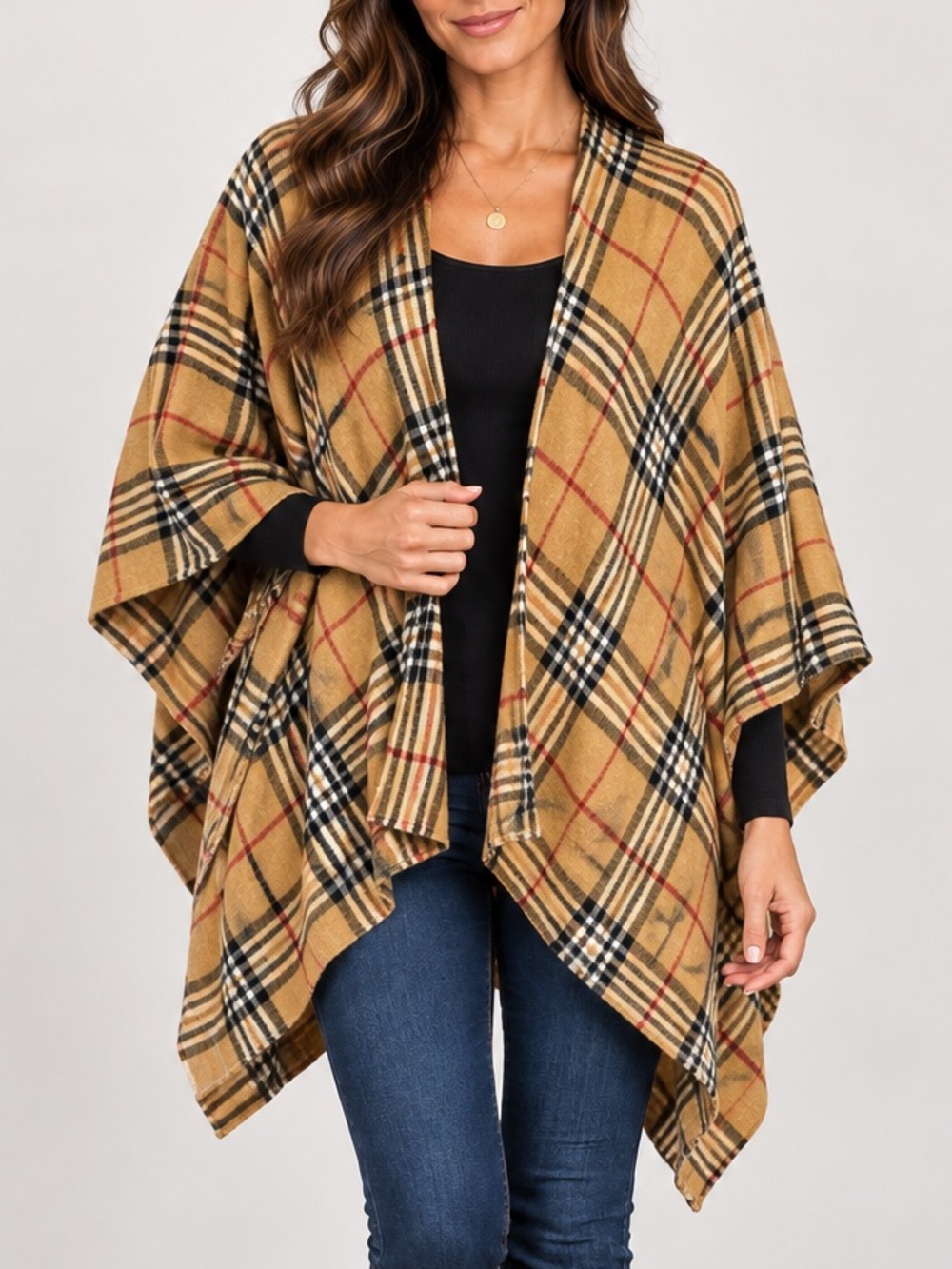 V. FRAAS Mustard Plaid Open-Front Cape